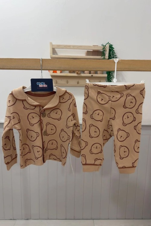 MK0024  100 Pamuklu Unisex Ayıcıklı Pijama Taba