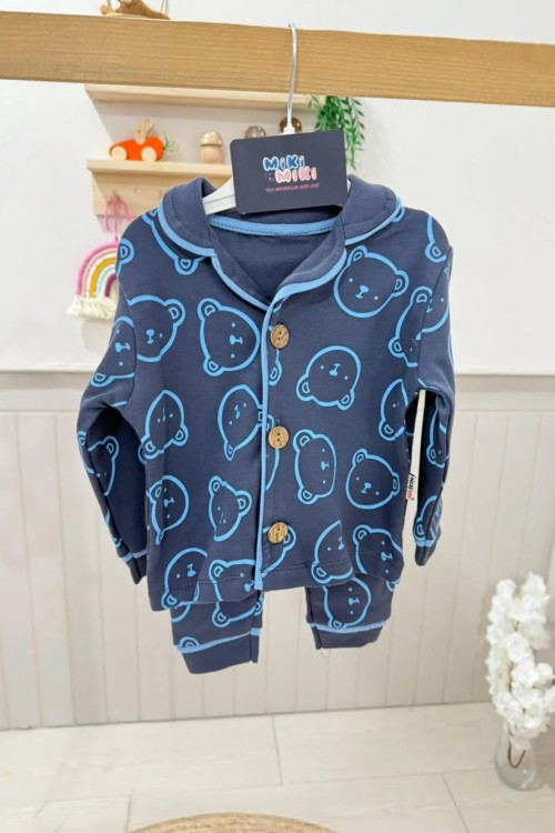 MK0024  100 Pamuklu Unisex Ayıcıklı Pijama Lacivert