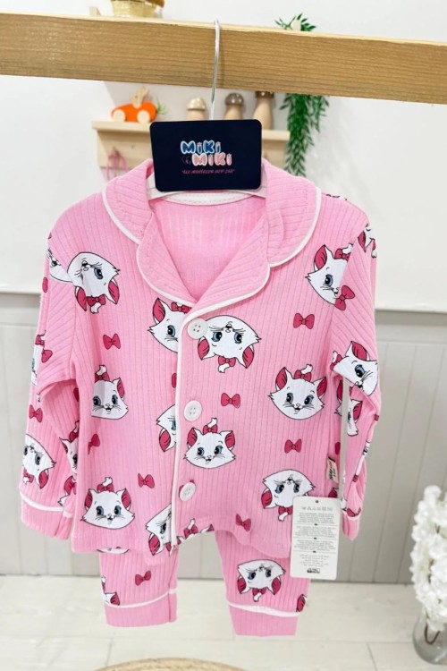 MK0026 KEDİLİ FİTİLLİ PİJAMA TAKIMI Pembe