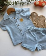MK0033 KETEN GÜNEŞ NAKIŞLI TAKIM Bebe Mavisi