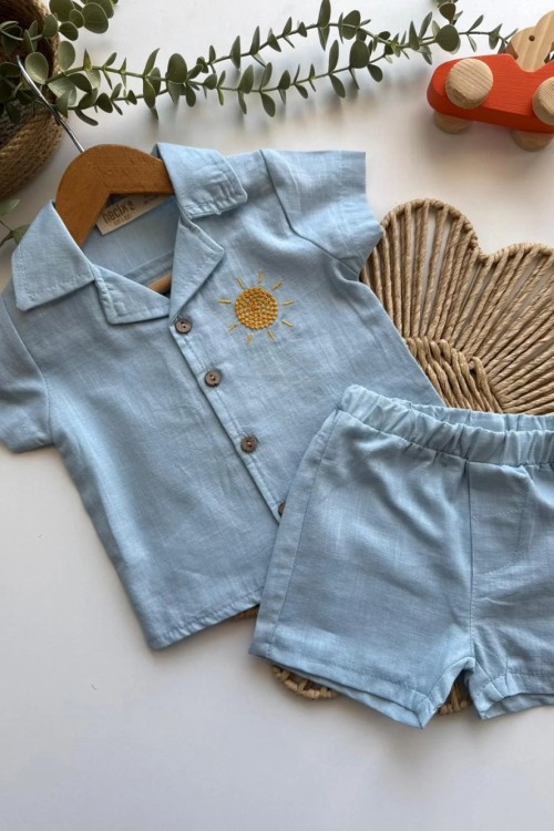 MK0033 KETEN GÜNEŞ NAKIŞLI TAKIM Bebe Mavisi