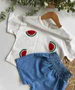 MK0038 Karpuz Nakışlı Jean Şort Takım Beyaz