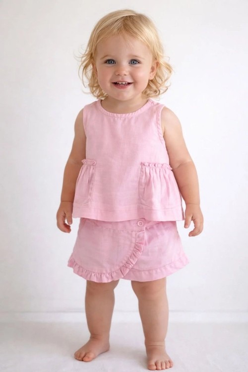 MK0040 Keten Şort Etekli Bebek Takım Pembe