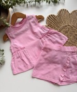 MK0040 Keten Şort Etekli Bebek Takım Pembe