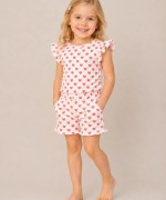 MK0042 100 Pamuk Fitilli Pijama Takımı Kırmızı Kalpli Beyaz