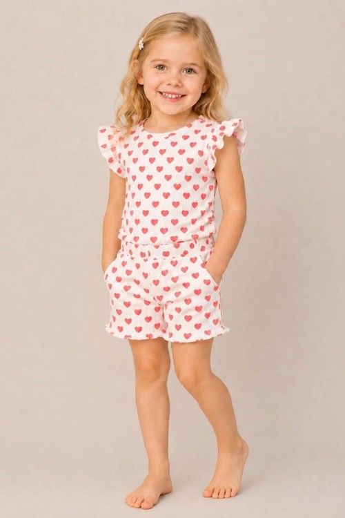 MK0042 100 Pamuk Fitilli Pijama Takımı Kırmızı Kalpli Beyaz