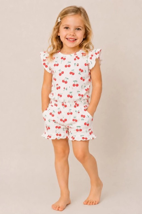 MK0042 100 Pamuk Fitilli Pijama Takımı Kiraz Desenli Kırmızı