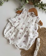 MK0045 Bandanalı Müslin Bahar Bahçesi Romper - Mor Mor