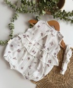 MK0045 Bandanalı Müslin Bahar Bahçesi Romper - Mor Mor