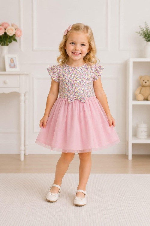 MK0051 Tütülü Çiçekli Elbise Pembe