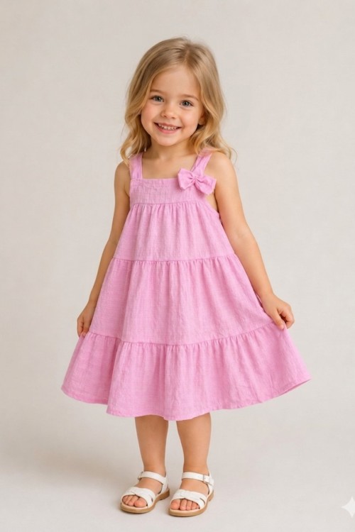 MK0003 Müslin Fiyonk Elbise Açık Pembe