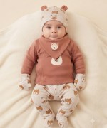 MK0077 Ayıcık Desenli 5 li Takım Kahverengi Bej