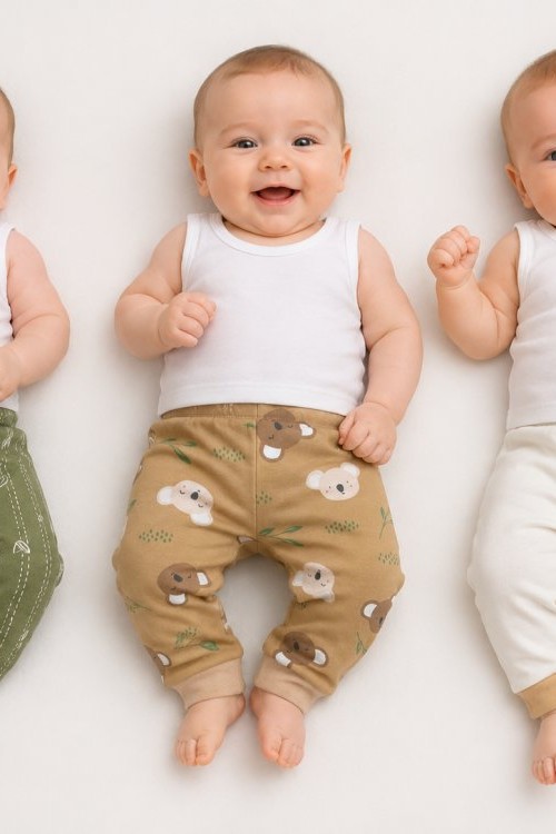 MK0079 Koala Baskılı 3 lü Tayt Set Haki Sütlü Kahve