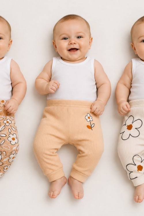 MK0080 Çiçek Desenli Fitilli Tayt Set Ekru Turuncu
