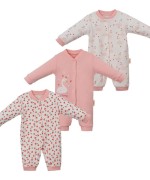 MK0086 100 Pamuk Kuğu Konseptli Manşetli Kız Bebek Üçlü Tulum Pembe