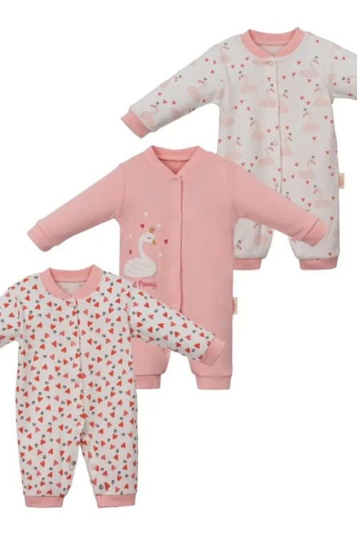 MK0086 100 Pamuk Kuğu Konseptli Manşetli Kız Bebek Üçlü Tulum Pembe