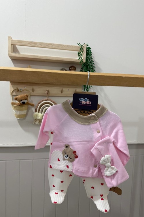 MK0087 Ayıcık Kalpli 3 lü Takım Pembe
