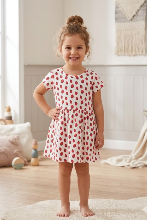 MK0005 100 Summer Koleksiyon Kısa Kollu Elbise Çilek Desenli