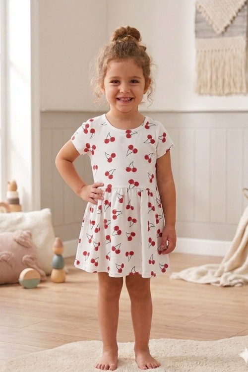 MK0005 100 Summer Koleksiyon Kısa Kollu Elbise Kiraz Desenli