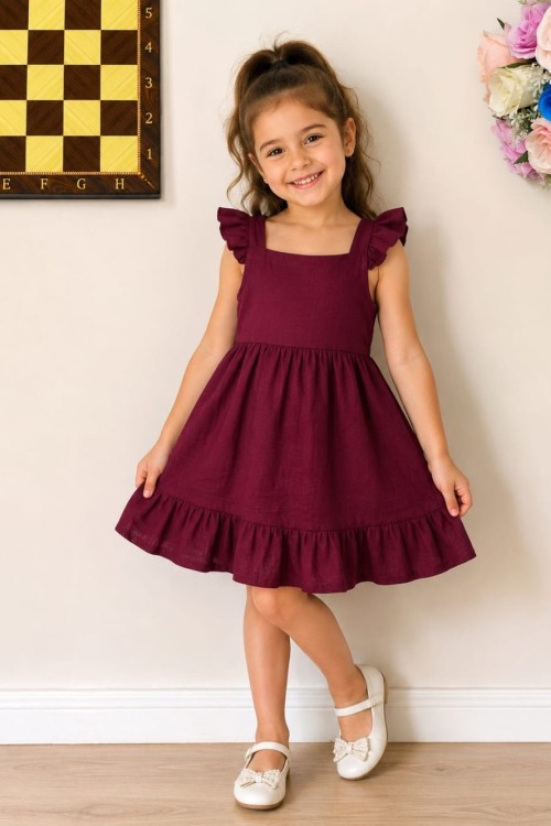MK0105 Fırfır Askılı Keten Elbise Bordo