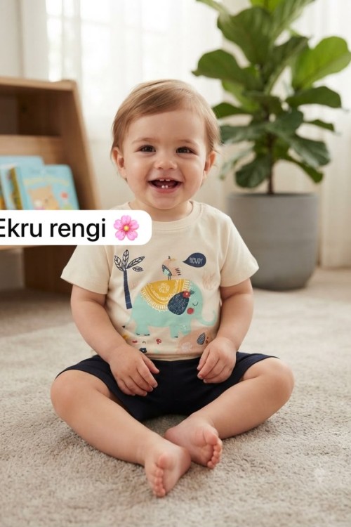 MK0116 %100 Pamuk Erkek Bebek Takım Fil Konsept Ekru