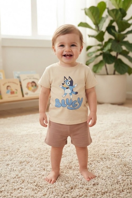 MK0118 %100 Pamuk Bebek Takım Bluey Krem