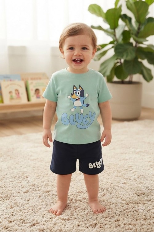 MK0118 %100 Pamuk Bebek Takım Bluey Petrol Mavisi
