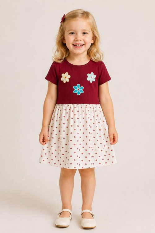 MK0006 Penye Çiçekli Elbise Bordo