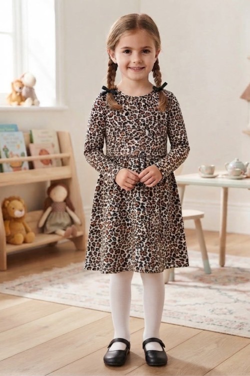 MK00123 Penye Uzun Kollu Elbise  Leopar