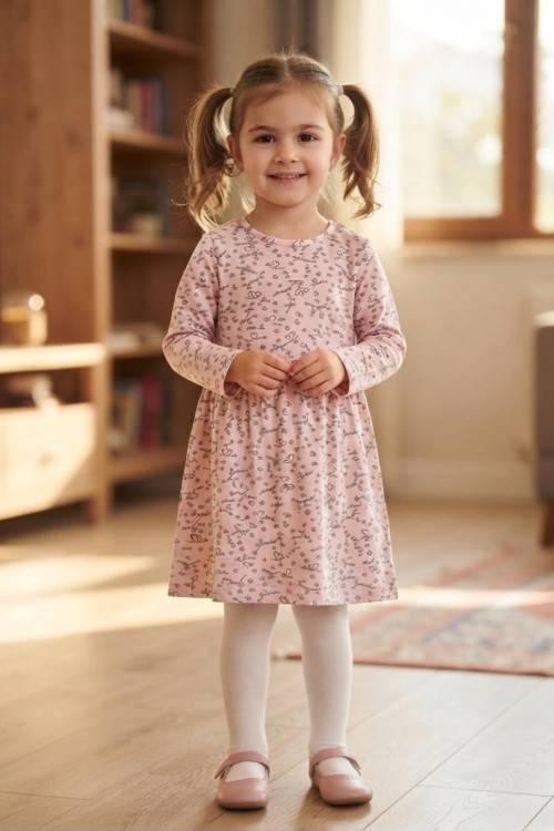 MK00123 Penye Uzun Kollu Elbise  Pembe Gri