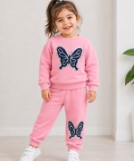 MK 0133 Kelebek Nakışlı 3 İplik Şardonlu Takım Pembe