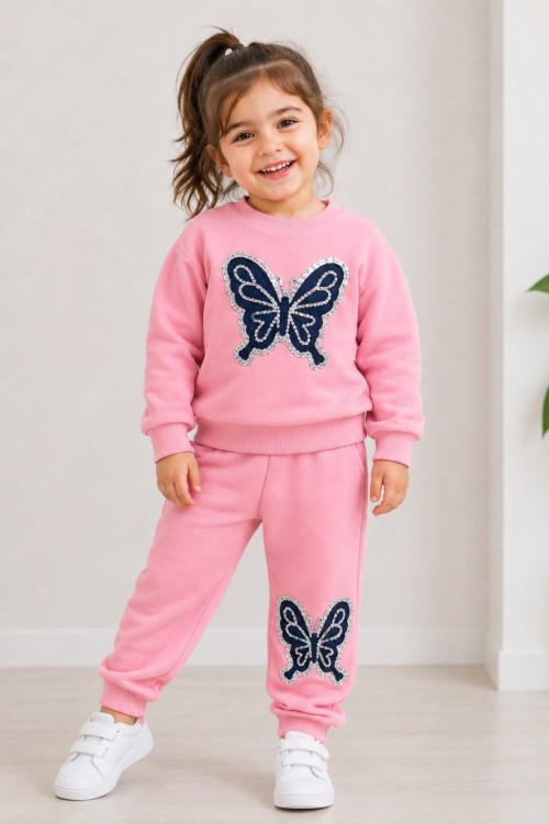 MK 0133 Kelebek Nakışlı 3 İplik Şardonlu Takım Pembe
