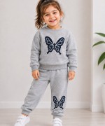 MK 0133 Kelebek Nakışlı 3 İplik Şardonlu Takım Gri