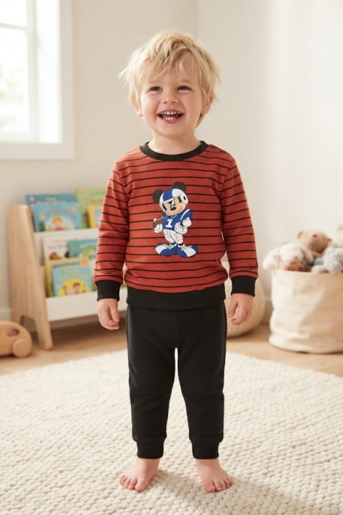 MK00141 2 İplik Mickey Çizgili Takım  Kiremit