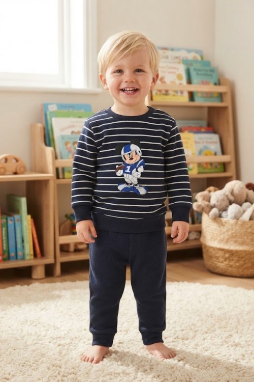 MK00141 2 İplik Mickey Çizgili Takım  Siyah