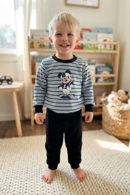 MK00141 2 İplik Mickey Çizgili Takım  Mavi