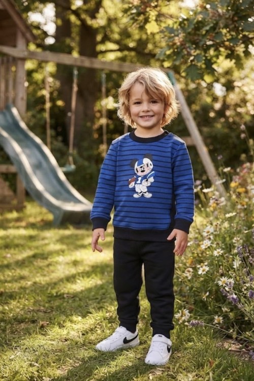 MK00141 2 İplik Mickey Çizgili Takım  Saks Mavisi