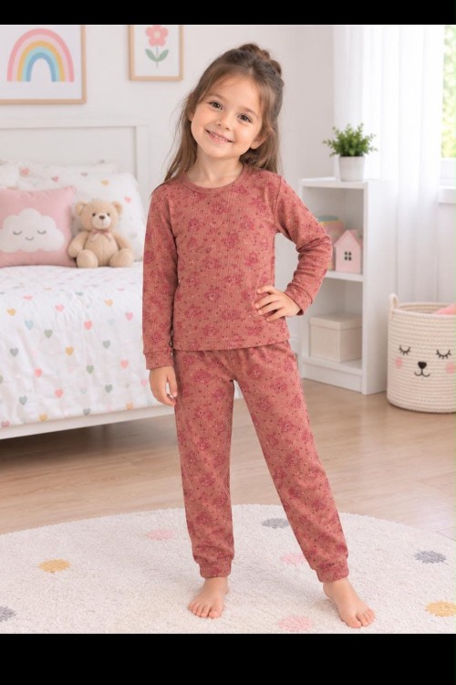 MK00146 Pamuklu Waffle Kumaş İkili Takım Gül