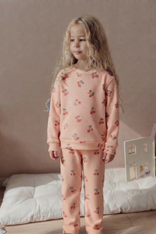 MK00146 Pamuklu Waffle Kumaş İkili Takım Kiraz Desenli