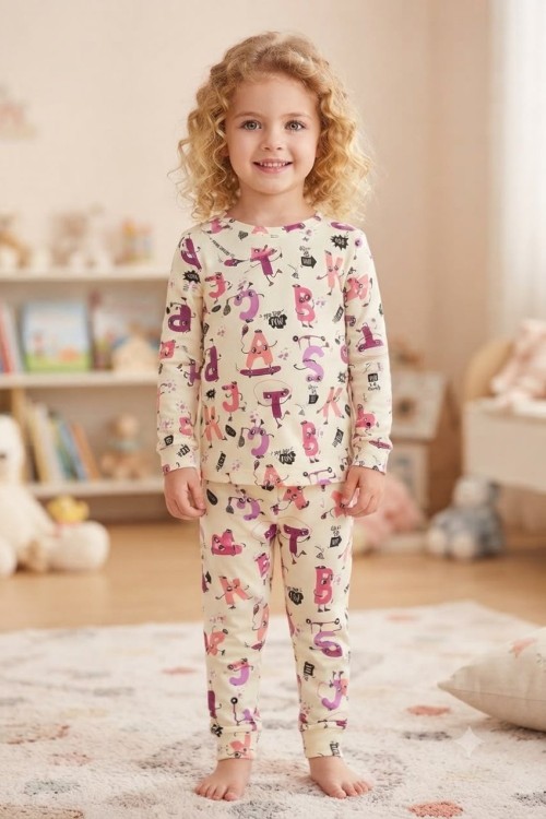 MK00150 Harfli Pijama Takımı Ekru Pembe