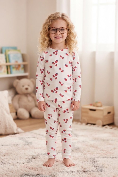 MK00150 Çilekli Pijama Takımı Çilek Desenli