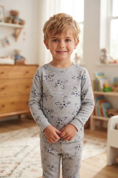 MK00150 Kedili Pijama Takımı Açık Gri