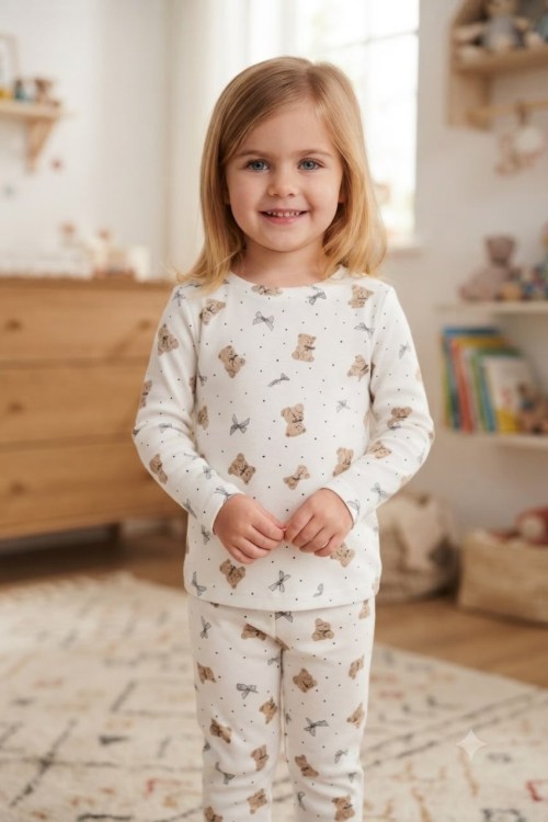 MK00150 Ayıcık Kurdele Pijama Takımı Ekru