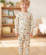MK00150 Arabalı Pijama Takımı Ekru Turuncu