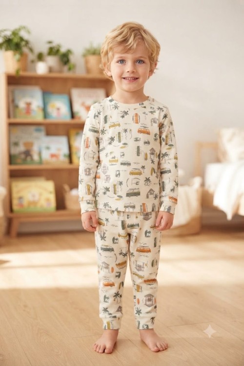 MK00150 Arabalı Pijama Takımı Ekru Turuncu
