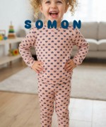 MK00146 Pamuklu Waffle   Kumaş İkili takım Kalpli  Açık Pembe
