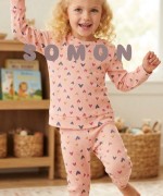 MK00146 Waffle Kumaş Fitilli Pijama Takımı Somon Kalpli Somon