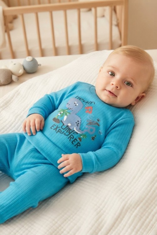 MK00163 Dinozor Pijama Takımı Mavi Açık Mavi