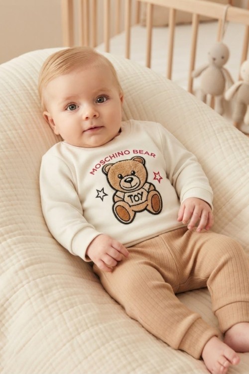 MK00163 Moschino Bear Pijama Takımı Krem Krem