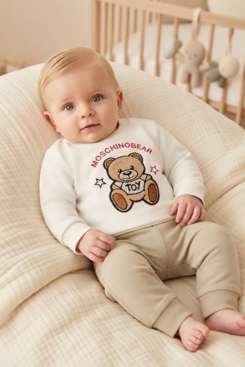 MK00163 Moschino Bear Pijama Takımı Krem  Krem